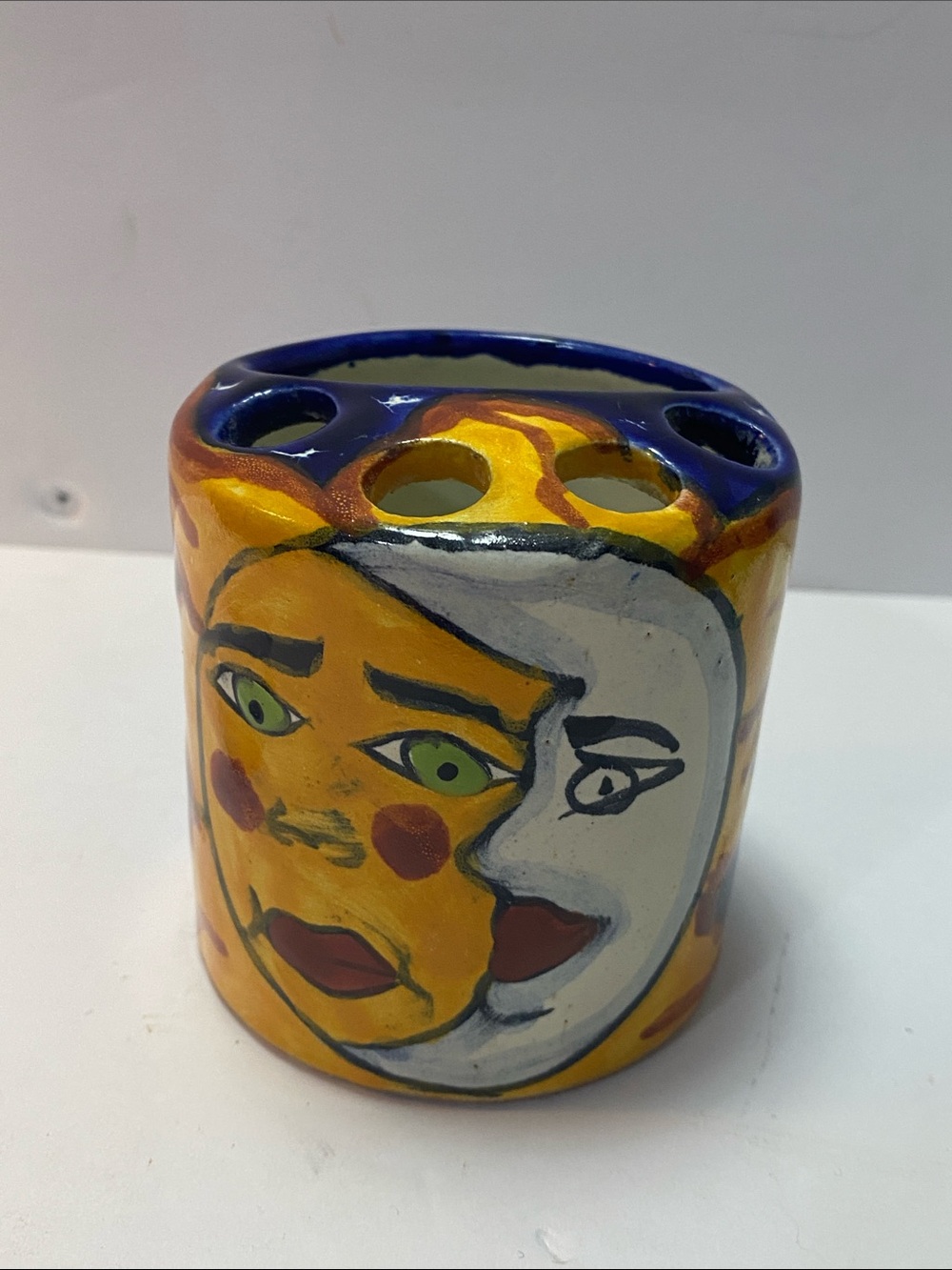 hand-painted ceramic celestial sun and moon toothbrush holder